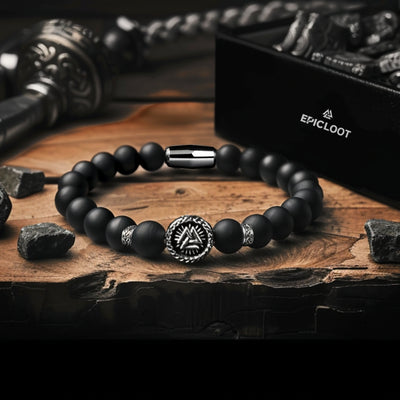 Silver Valknut Symbol Natural Stone Bead Bracelet