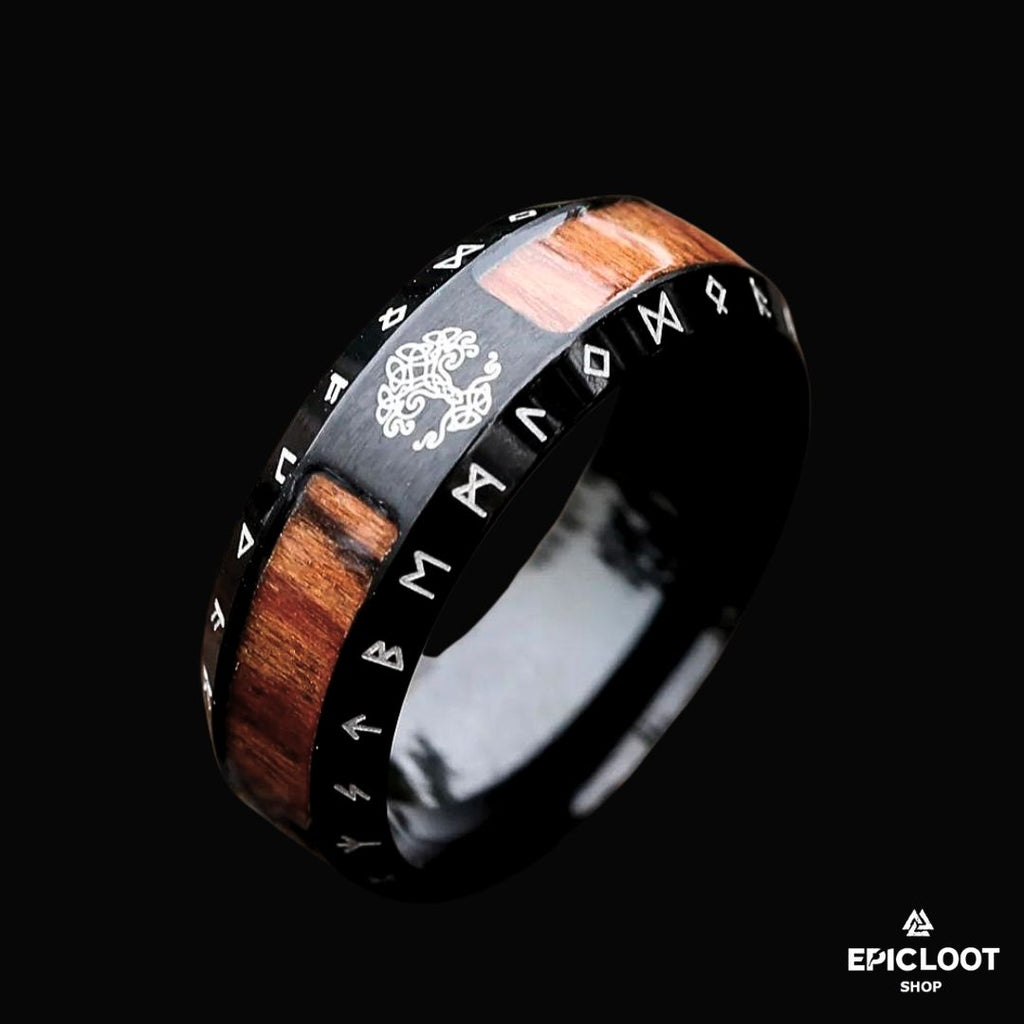 Yggdrasil Ring with Nordic Runes - Wooden Design