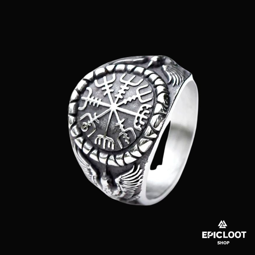 Viking Ring Vegvisir Symbol with Ravens