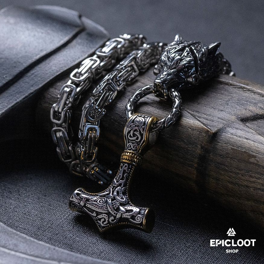 King Chain Fenrir Holding Mjlonir Viking Necklace