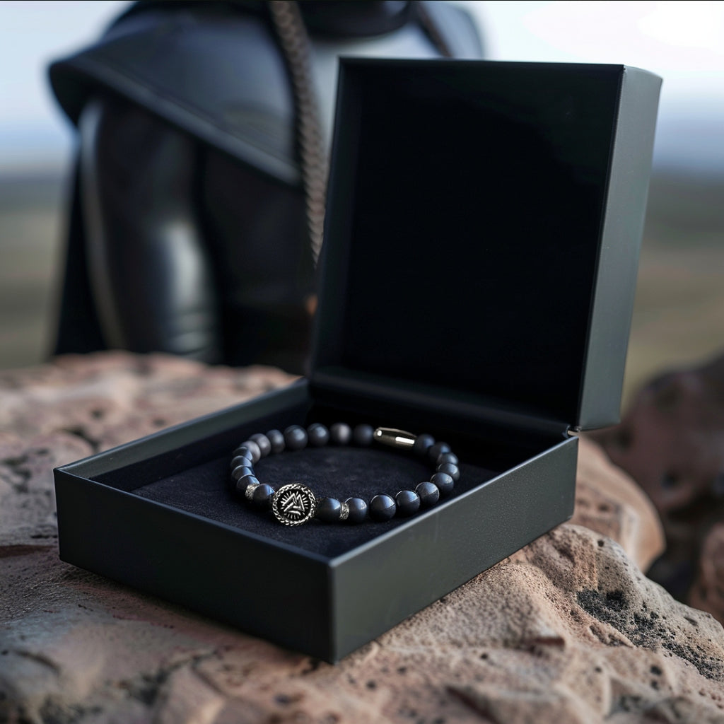 Silver Valknut Symbol Natural Stone Bead Bracelet