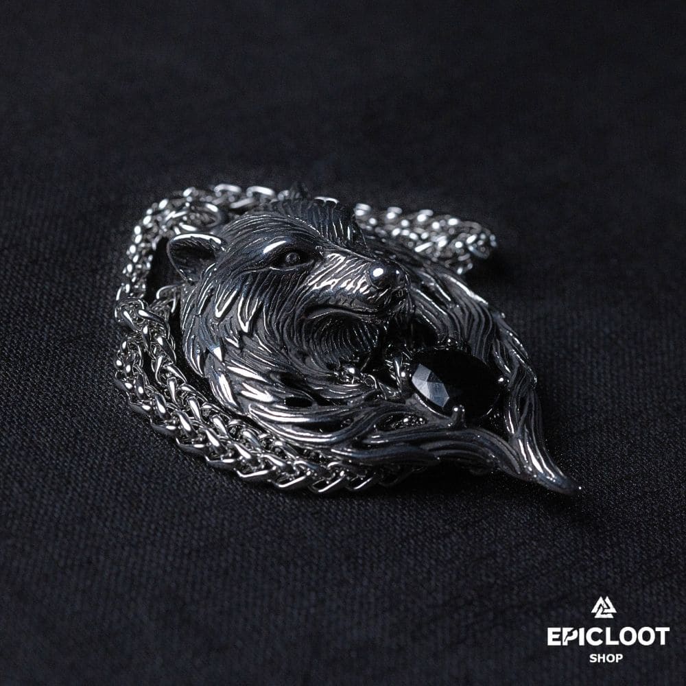 Nordic Wolf Fenrir Hold Black Gemstone Necklace
