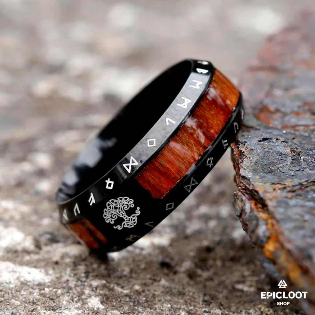 Yggdrasil Ring with Nordic Runes - Wooden Design