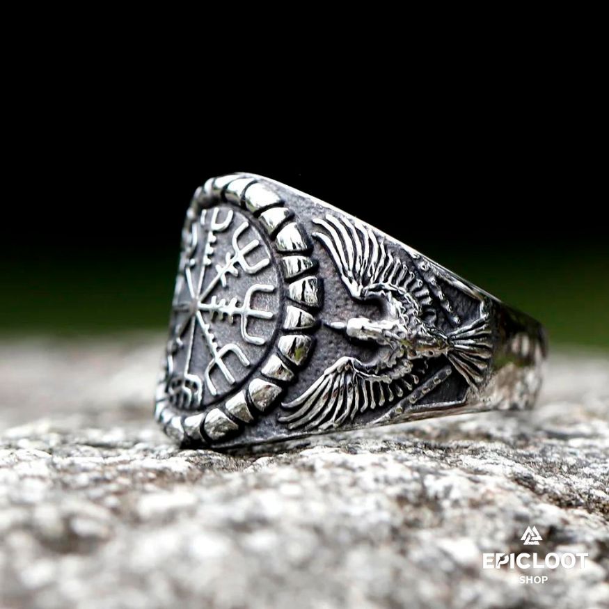 Viking Ring Vegvisir Symbol with Ravens