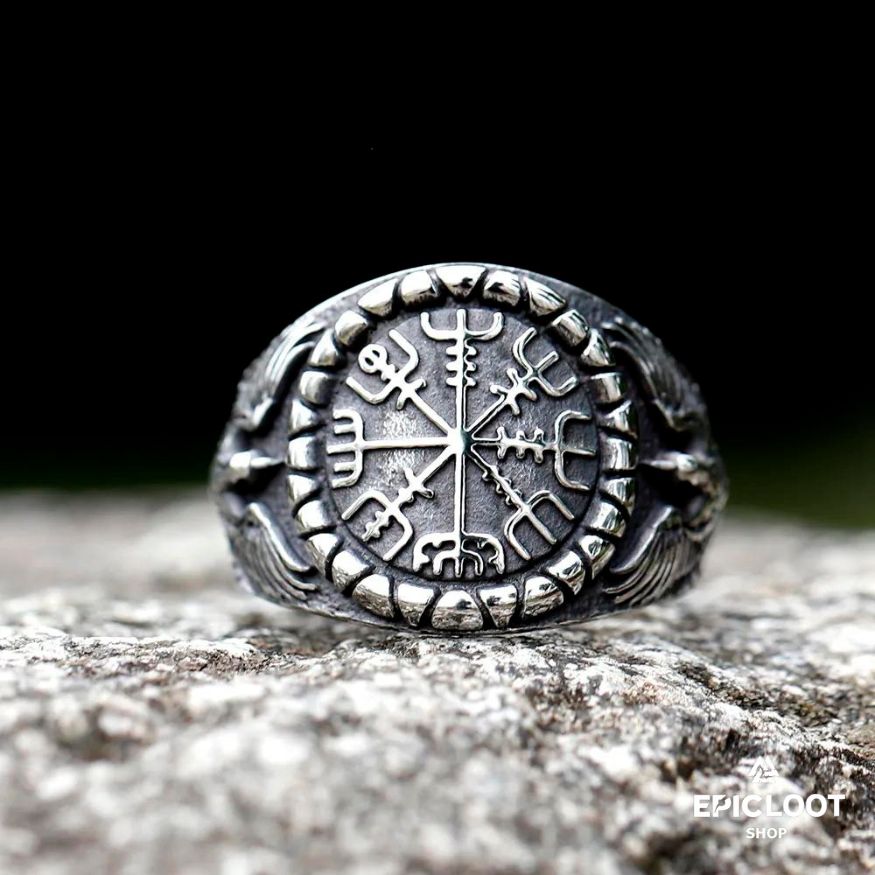 Viking Ring Vegvisir Symbol with Ravens