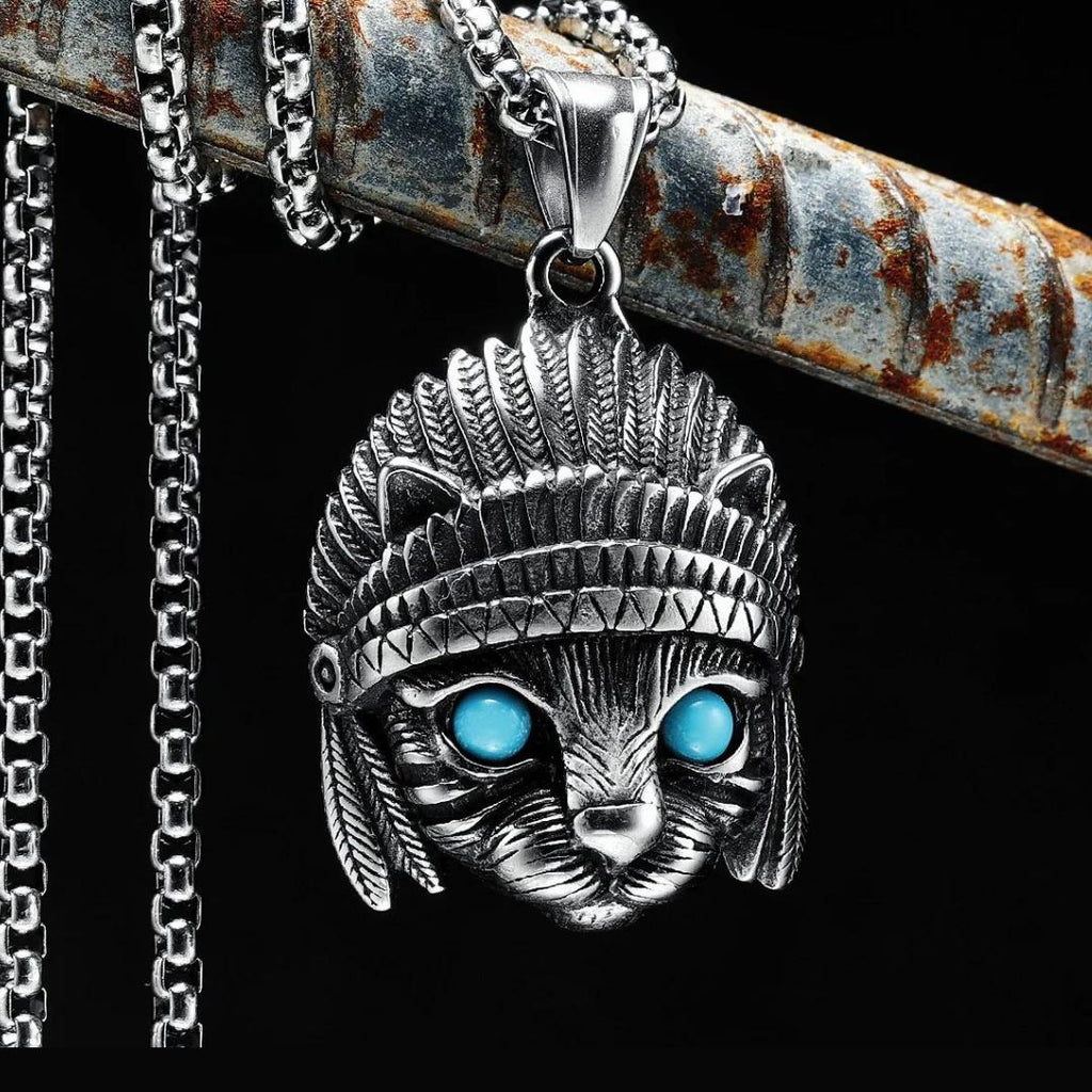 Vintage Indian Chief Cat Pendant Necklace