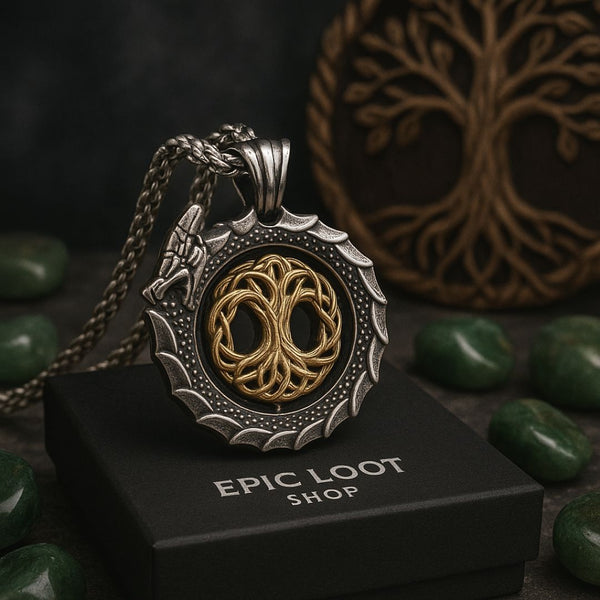 Jormungandr Surrounds Yggdrasil Rotating Pendant - Viking Necklace - Detailed View | Epic Loot Shop