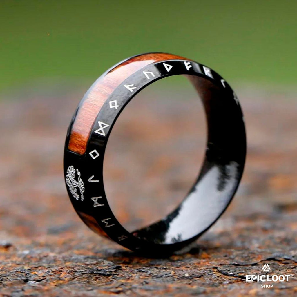 Yggdrasil Ring with Nordic Runes - Wooden Design