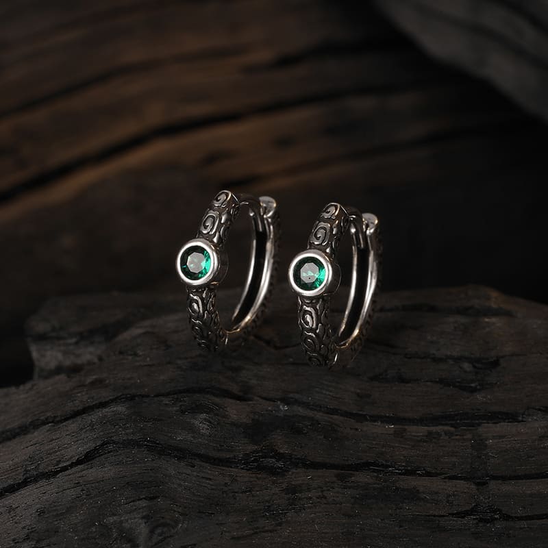 Vintage 925 Silver Zircon Green Earrings - Viking Jewelry For Men - Alternative Angle | Epic Loot Shop