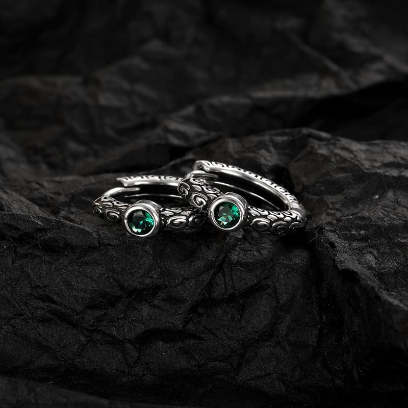 Vintage 925 Silver Zircon Green Earrings - Viking Jewelry For Men - Close-up | Epic Loot Shop
