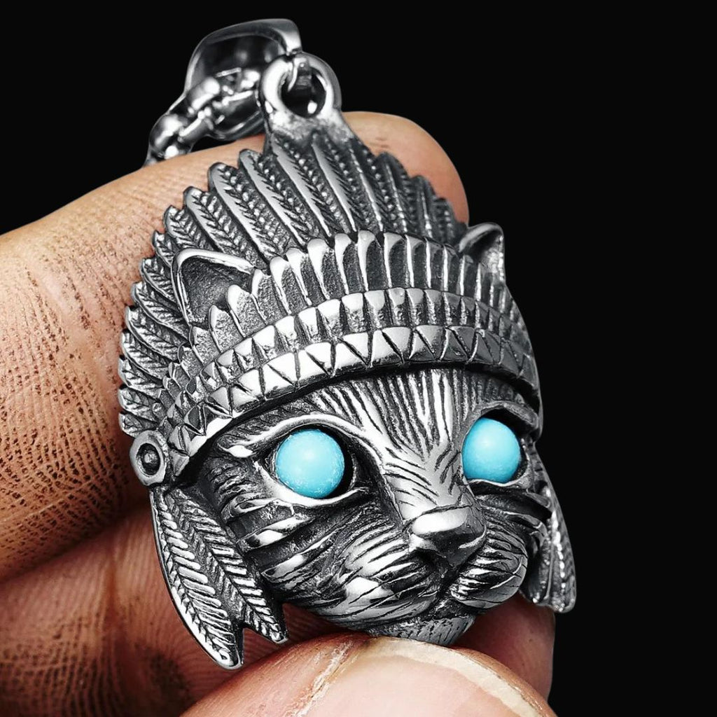 Vintage Indian Chief Cat Pendant Necklace