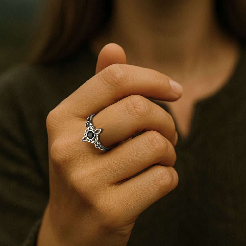 Midnight Valkyrie Ring - Norse Women's Ring - Close-up | Epic Loot Shop