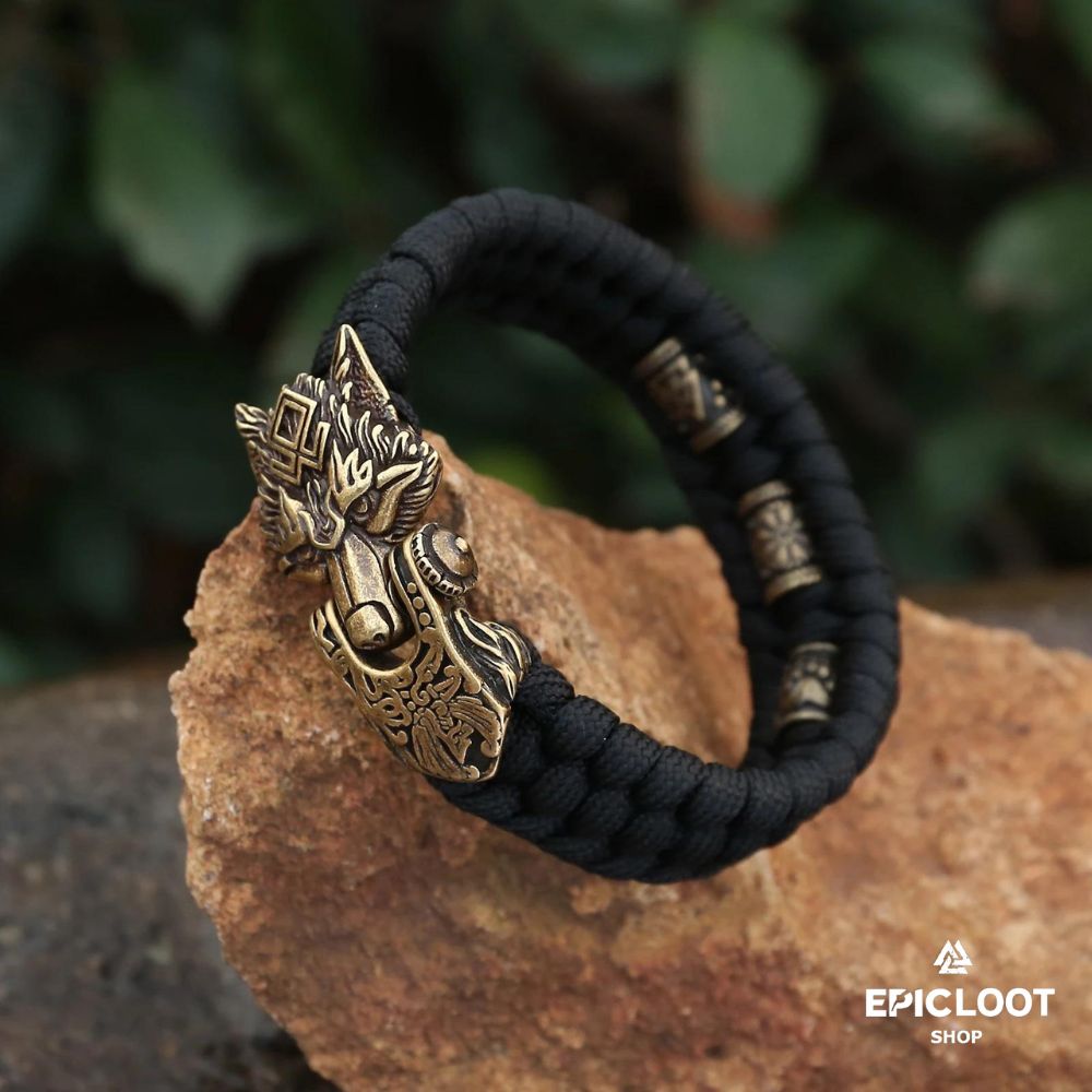 Bronze Fenrir Wolf Head Paracord Bracelet for Men