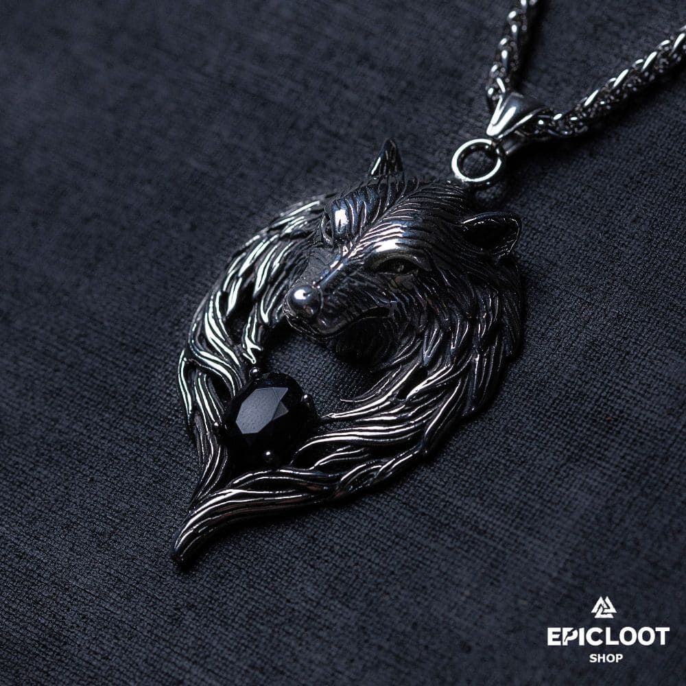 Nordic Wolf Fenrir Hold Black Gemstone Necklace