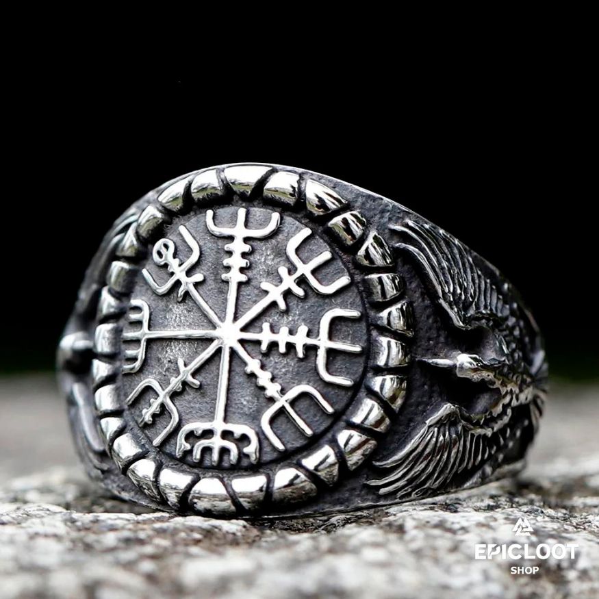 Viking Ring Vegvisir Symbol with Ravens
