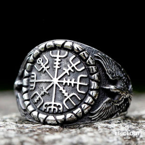 Anello Vichingo con Simbolo Vegvisir e Corvi