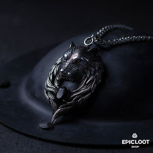 Nordic Wolf Fenrir Hold Black Gemstone Necklace