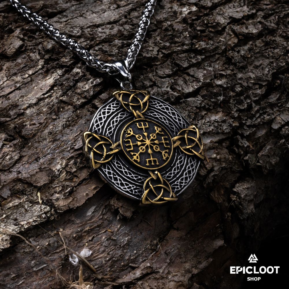 Nordic Vegvisir And Trinity Knot Necklace - Viking Necklace - Close-up | Epic Loot Shop