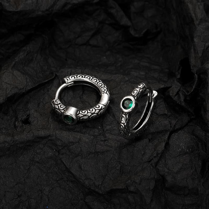 Vintage 925 Silver Zircon Green Earrings - Viking Jewelry For Men - Side Profile | Epic Loot Shop