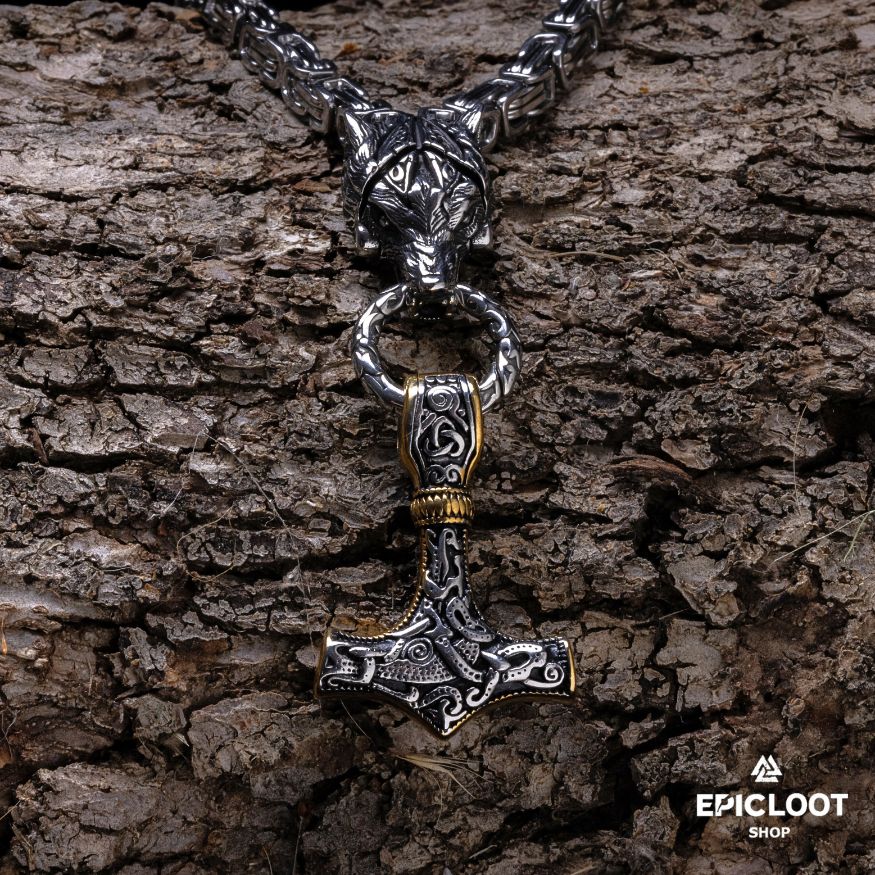 King Chain Fenrir Holding Mjlonir Viking Necklace