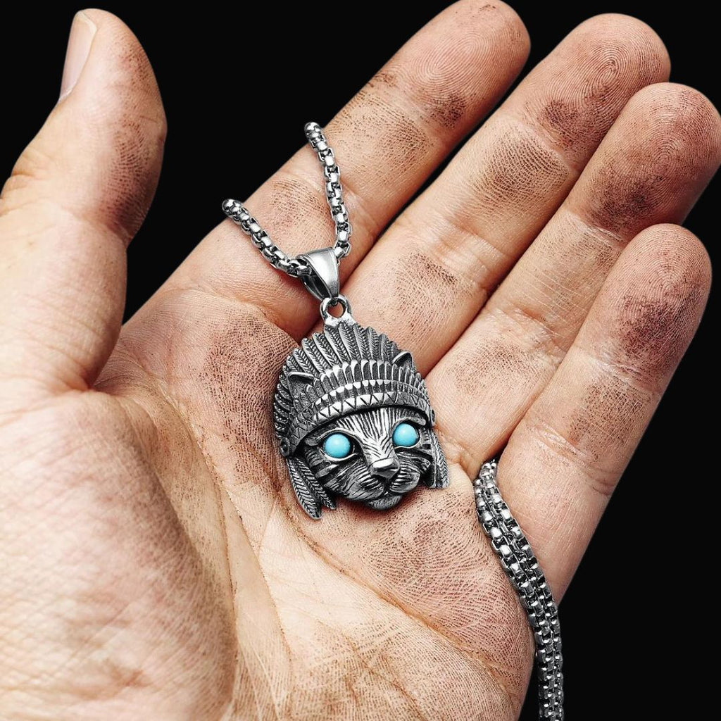 Vintage Indian Chief Cat Pendant Necklace