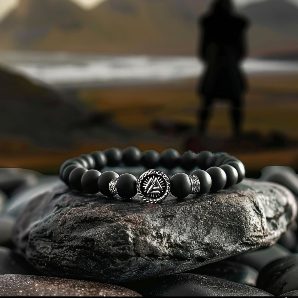 Silver Valknut Symbol Natural Stone Bead Bracelet