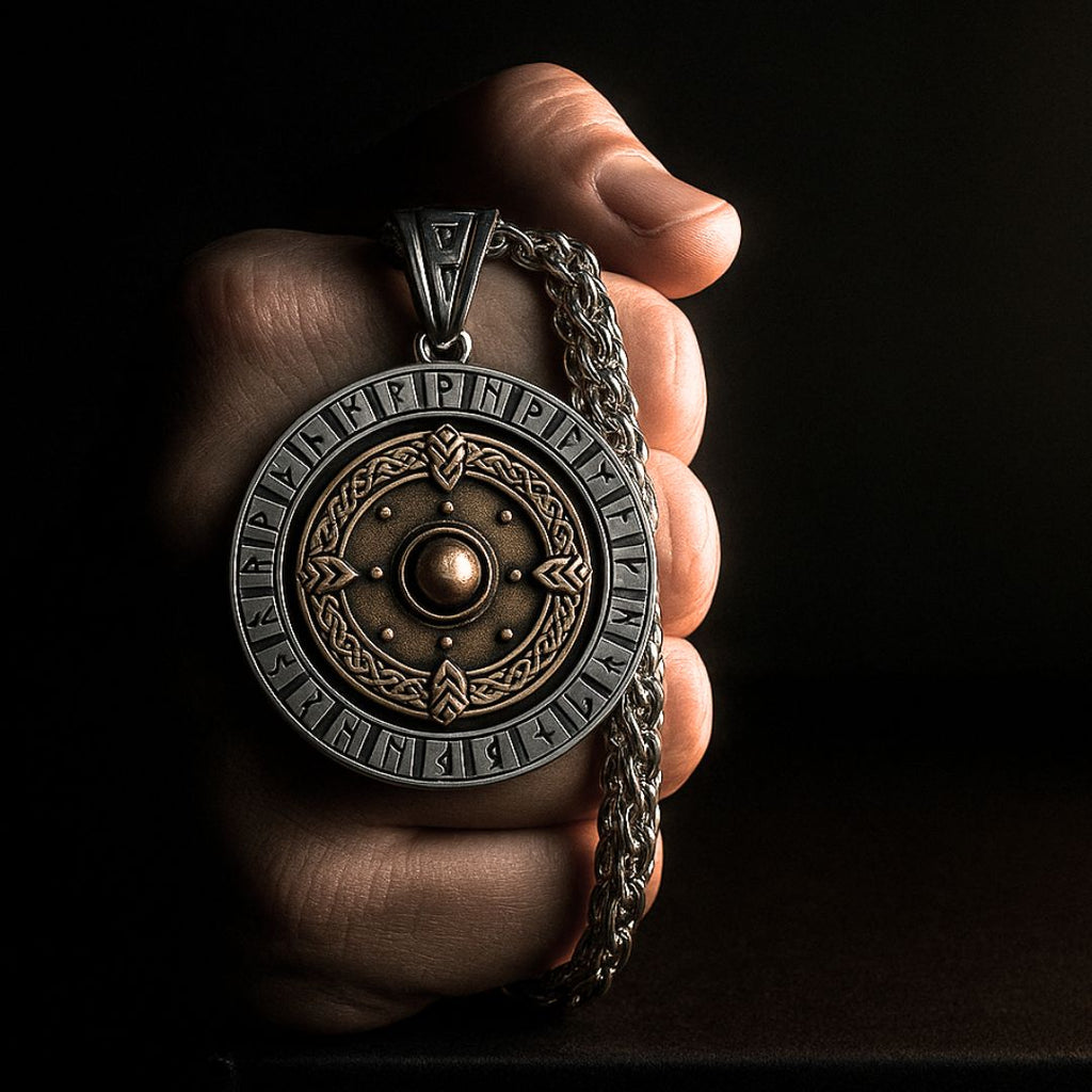 Viking Shield & Vegvisir Rotating Pendant Necklace - Viking Necklace - Close-up | Epic Loot Shop