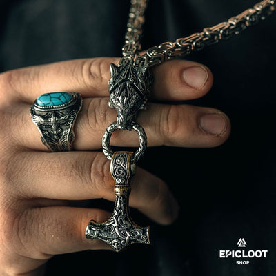 King Chain Fenrir Holding Mjlonir Viking Necklace