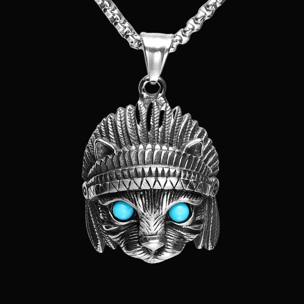 Vintage Indian Chief Cat Pendant Necklace