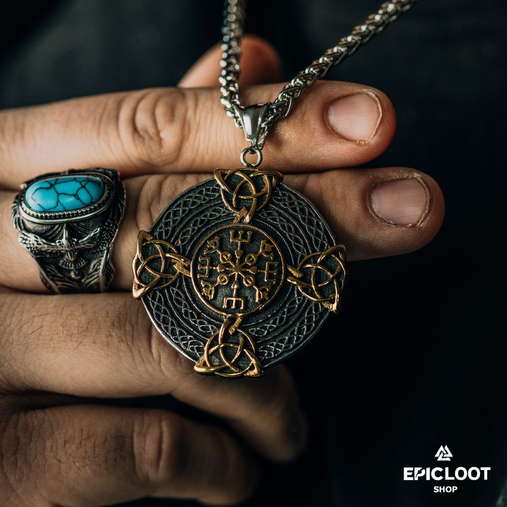 Nordic Vegvisir And Trinity Knot Necklace - Viking Necklace - Side Profile | Epic Loot Shop