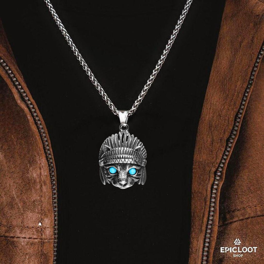 Vintage Indian Chief Cat Pendant Necklace