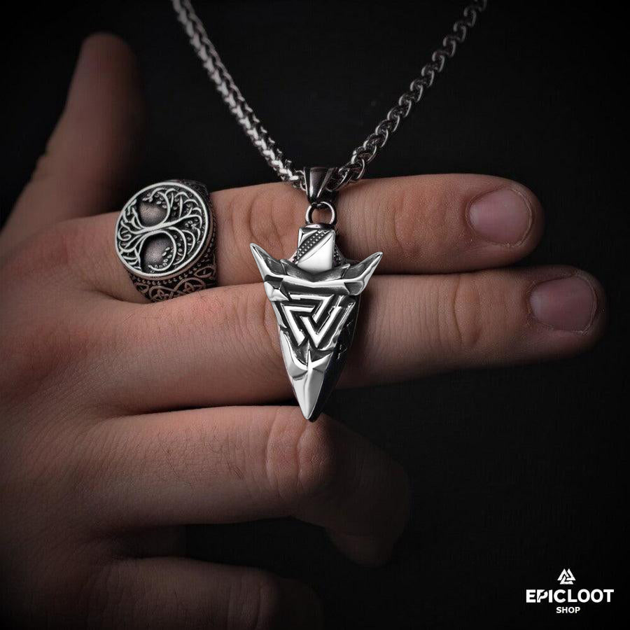 Odin's Guidance: Valknut and Gungnir Pendant with Othala Rune - Viking Necklace - Close-up | Epic Loot Shop