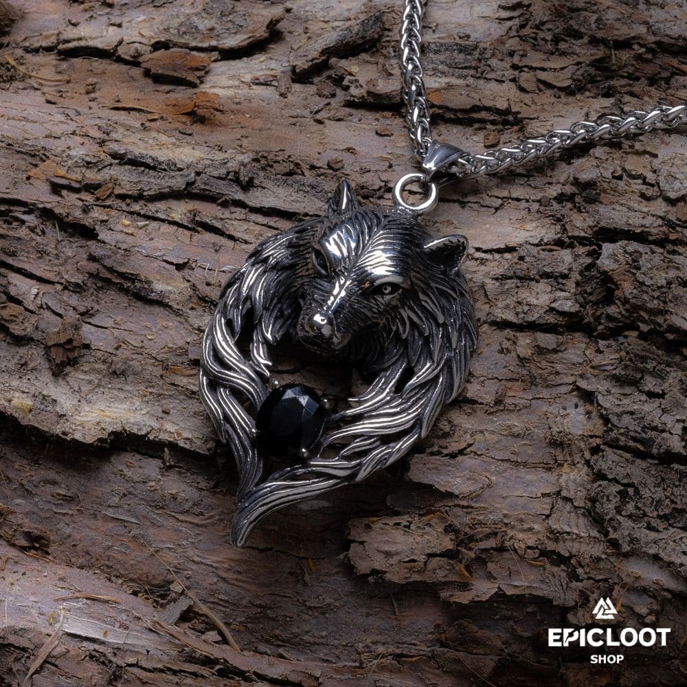 Nordic Wolf Fenrir Hold Black Gemstone Necklace