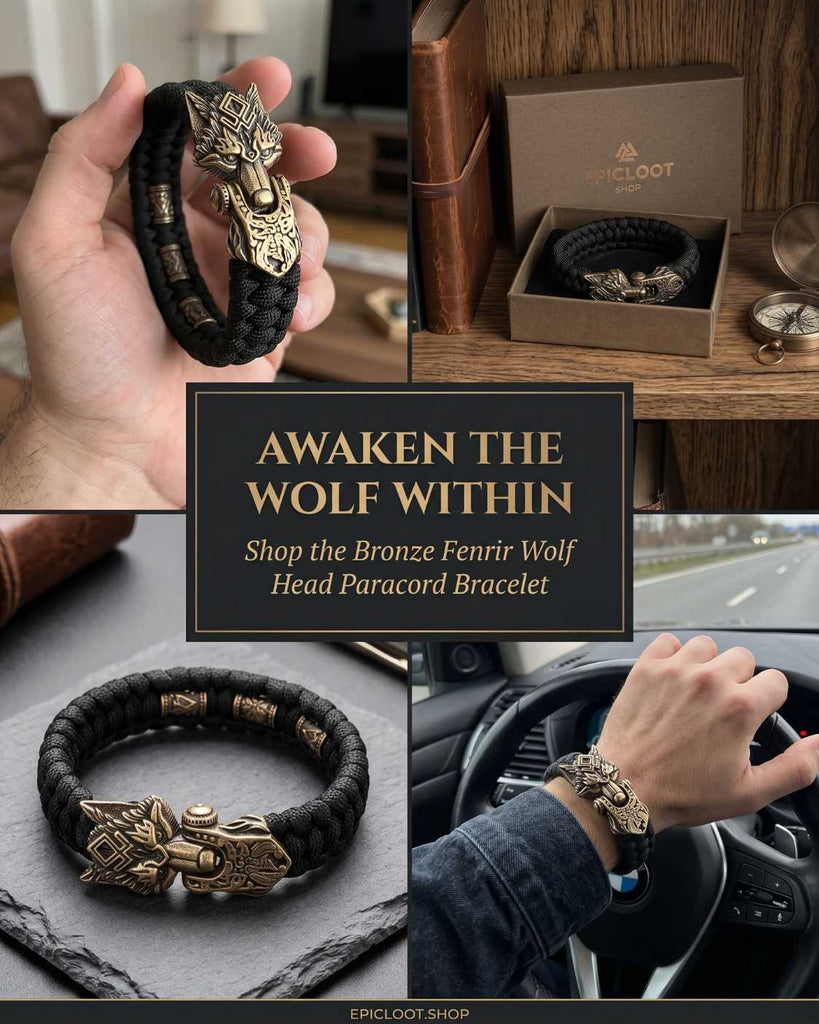 Bronze Fenrir Wolf Head Paracord Bracelet for Men