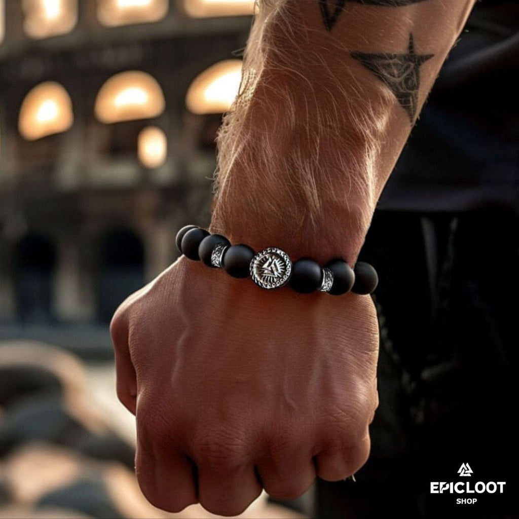 Silver Valknut Symbol Natural Stone Bead Bracelet