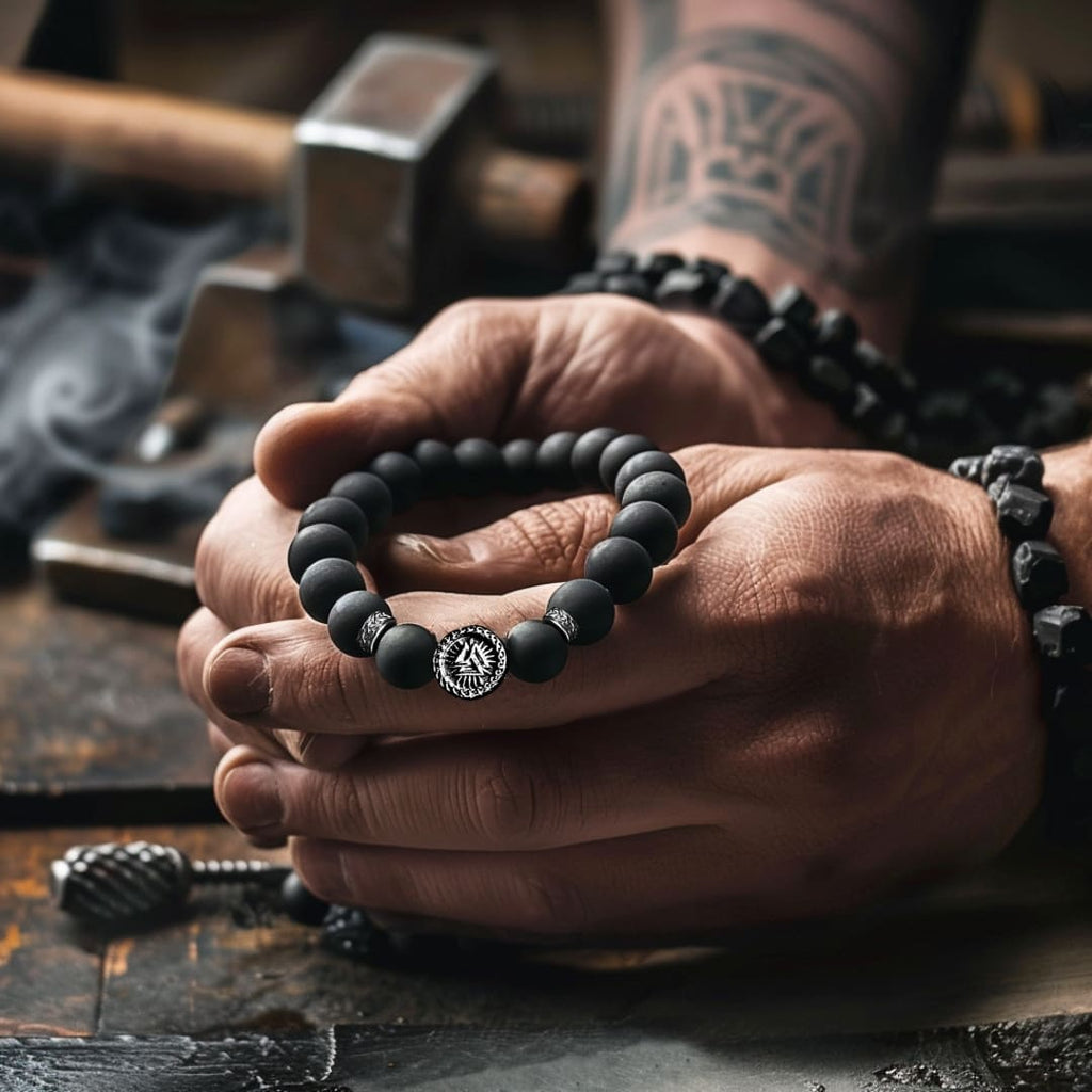 Silver Valknut Symbol Natural Stone Bead Bracelet