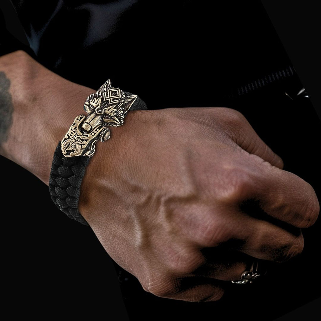 Bronze Fenrir Wolf Head Paracord Bracelet for Men