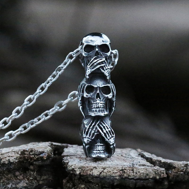 Triple Threat: The Triple Skull Stainless Necklace - Viking Necklace - Detailed View | Epic Loot Shop
