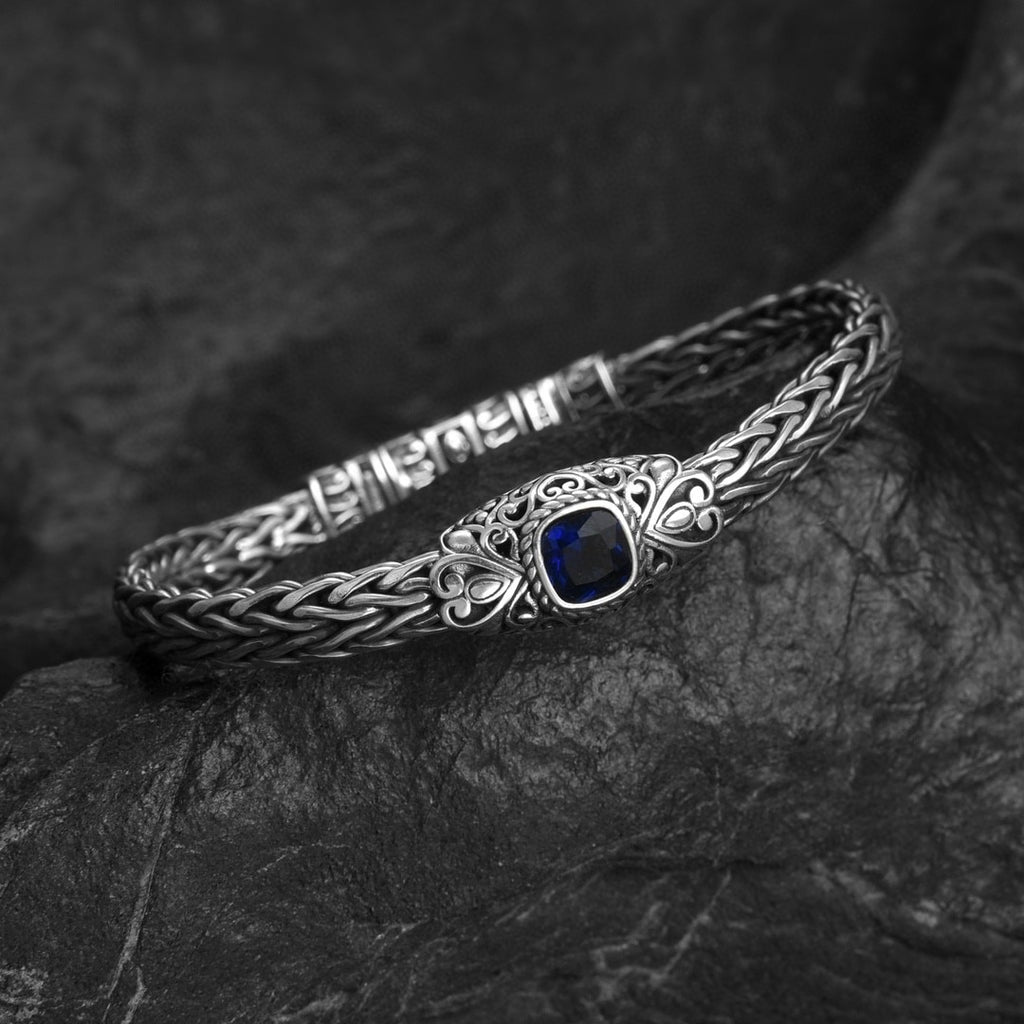 S925 Silver Antique Inspired Bracelet Featuring a Stunning Blue Corundum