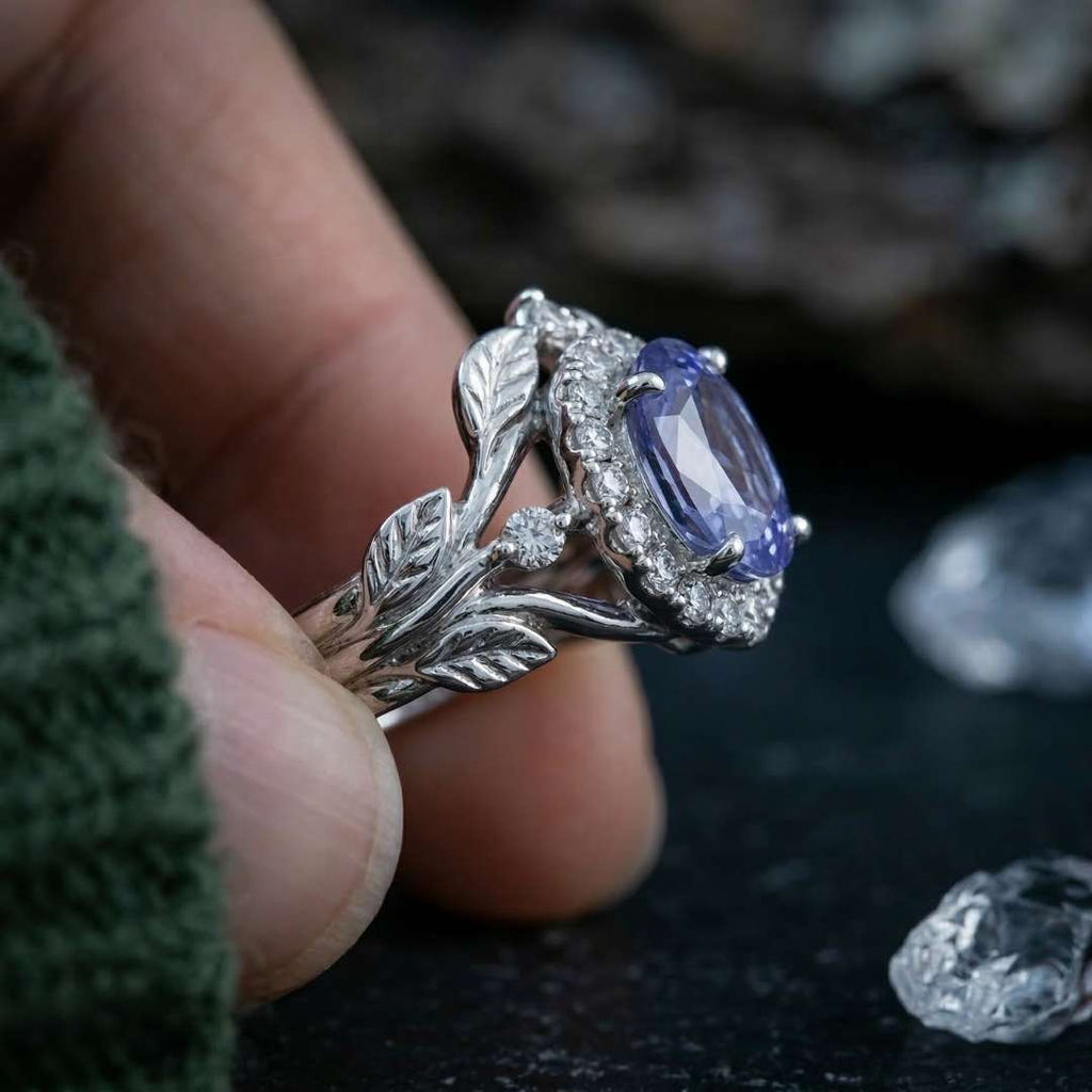 Silverleaf Sapphire Ring - Norse Women's Ring - Close-up | Epic Loot Shop