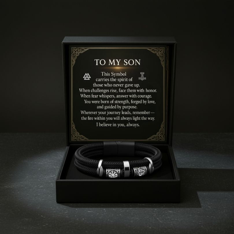 To My Son | Runes of Strength Bracelet - Viking Bracelet - On Model View | Epic Loot Shop