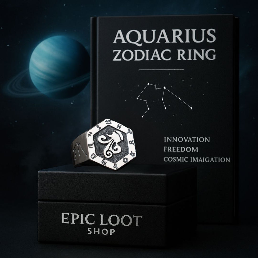 Aquarius Zodiac Ring - Viking Rings For Men - Close-up | Epic Loot Shop