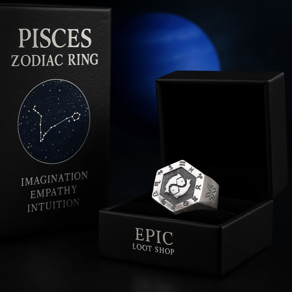 Pisces Zodiac Ring - Viking Rings For Men - Close-up | Epic Loot Shop