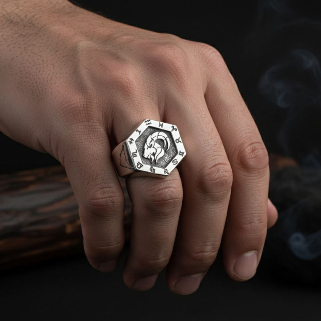 Capricorn Zodiac Ring - Viking Rings For Men - Side Profile | Epic Loot Shop