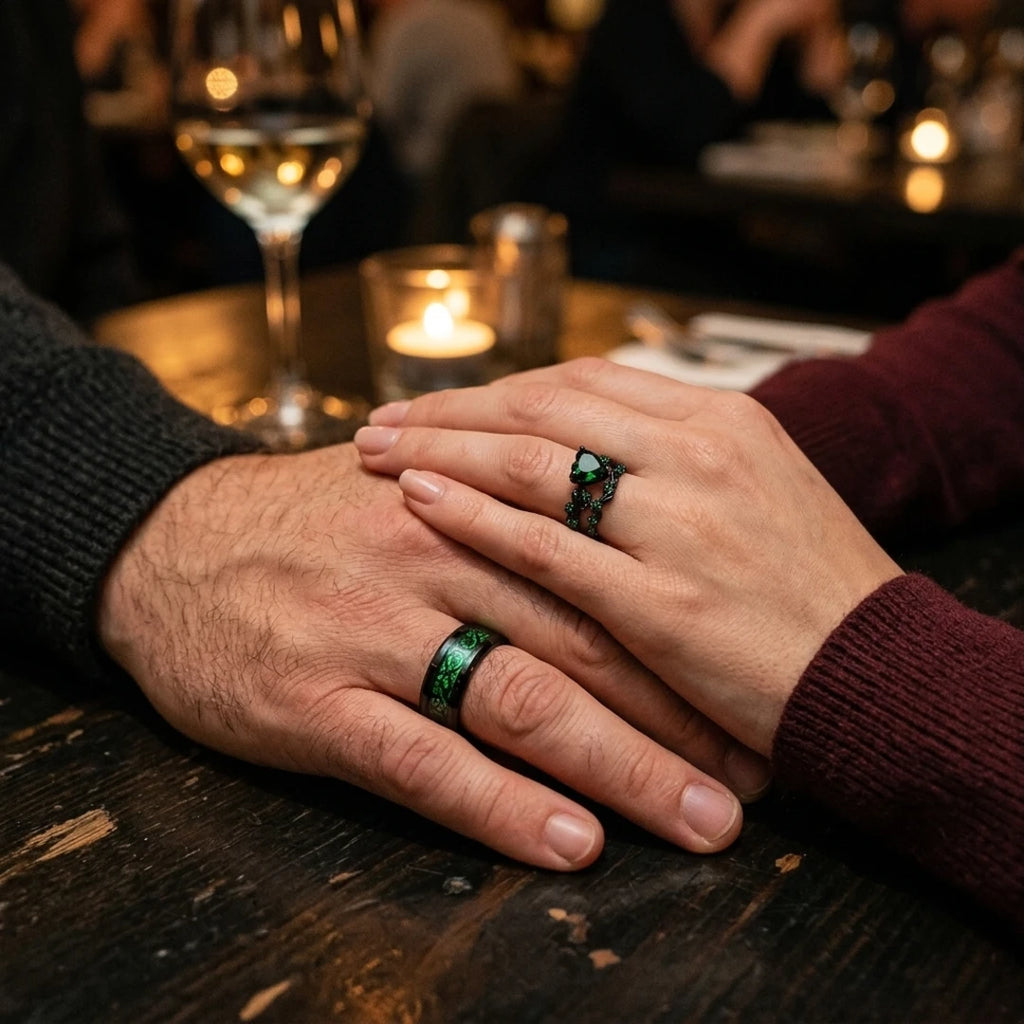 Emerald Vow Couples Rings