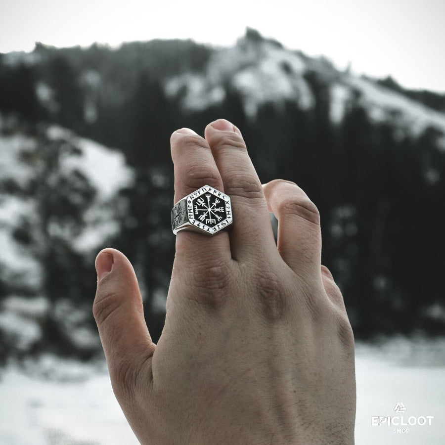 Vegvisir Ring with Nordic Symbols
