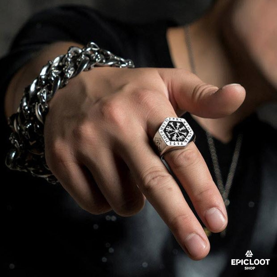 Vegvisir Ring with Nordic Symbols