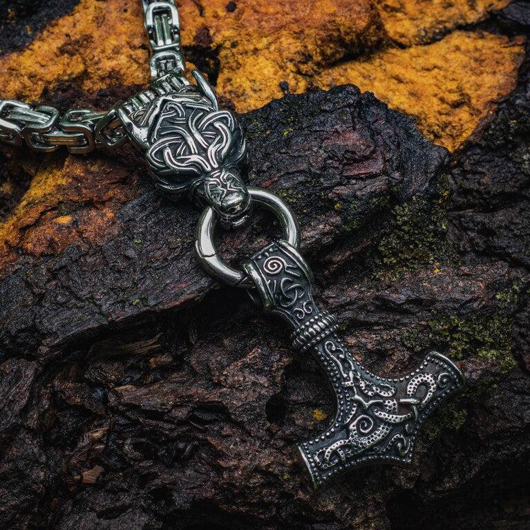 King Chain Fenrir Holding Mjolnir Pendant