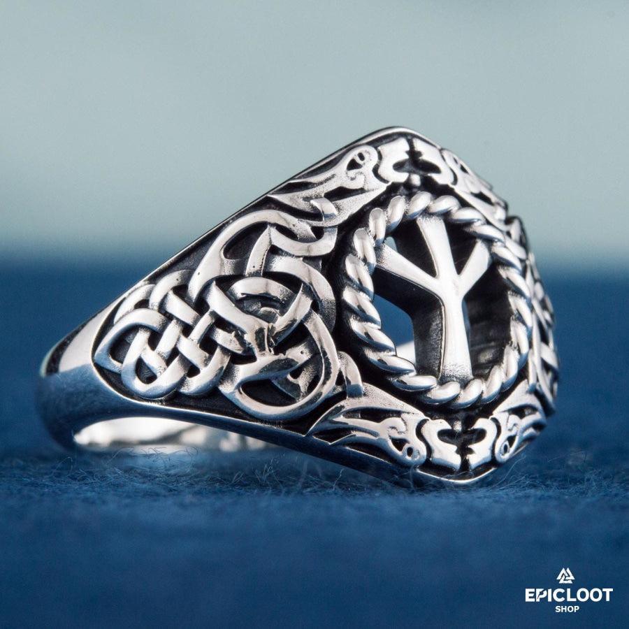 925 silver Algiz Rune Ring Nordic Carving