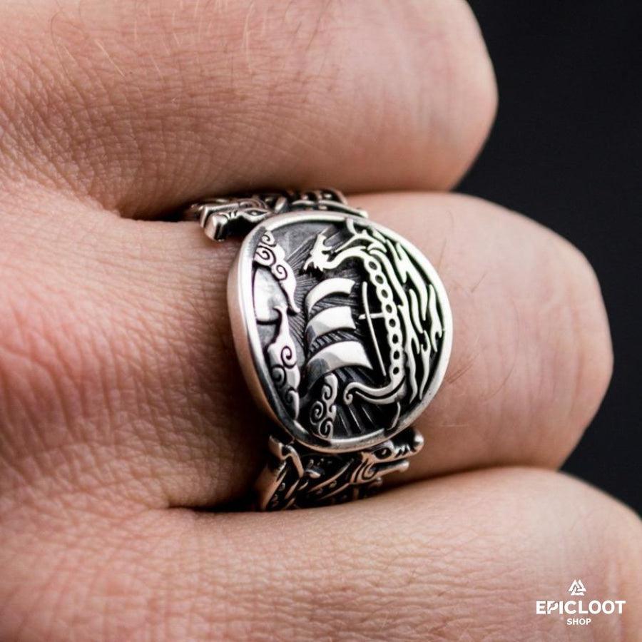 925 silver Drakkar Long ship Ring Wolf Design